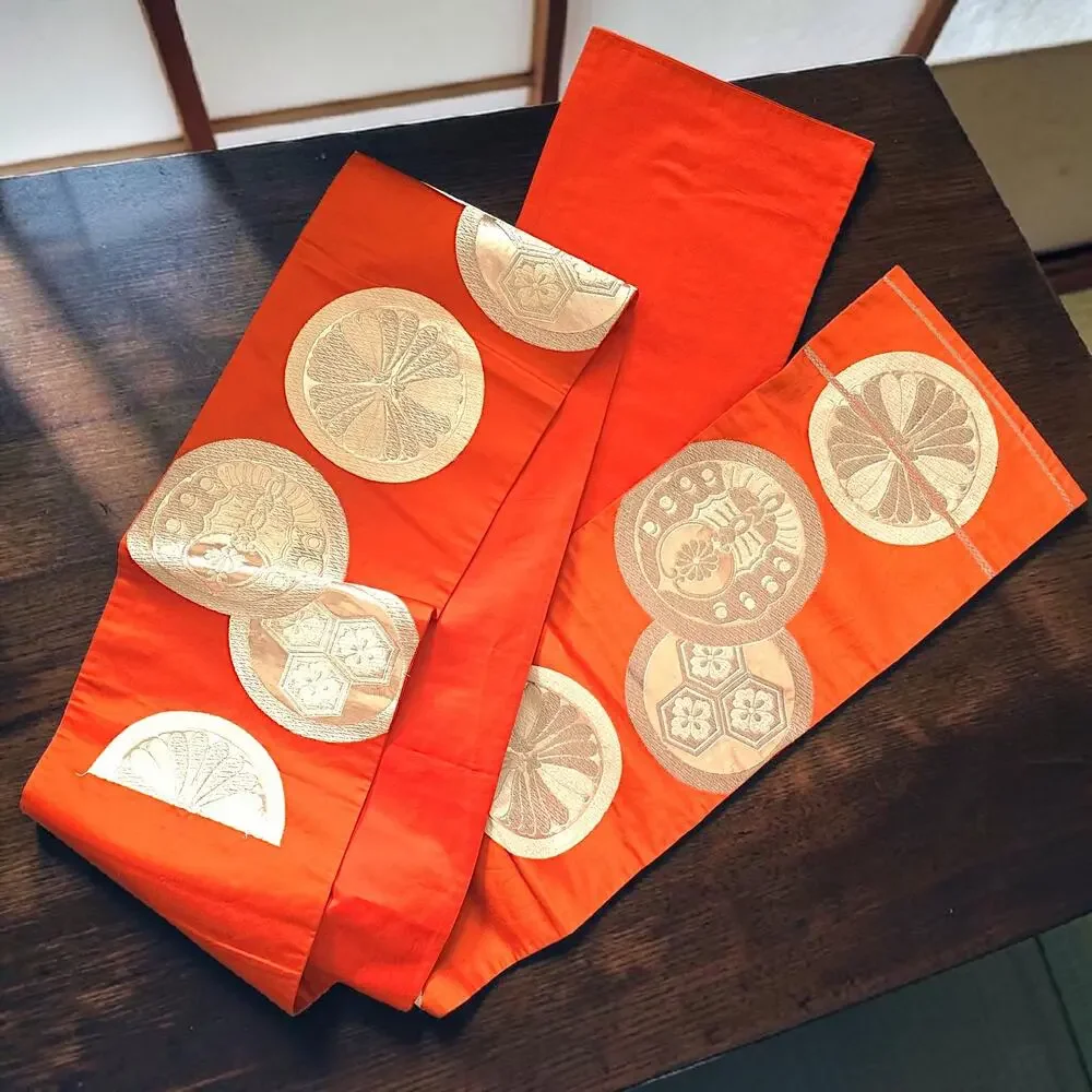 VTG Japanese Silk Fukuro Obi Vermilion Orange Gold Brocade  Kimono Sash 164
